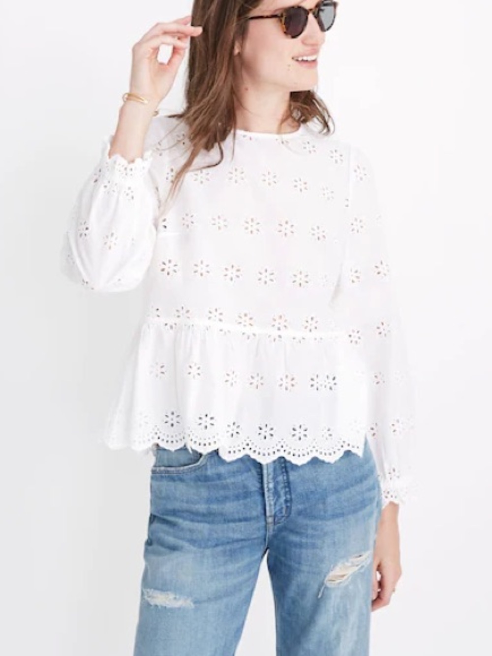 Madewell White Eyelet keyhole Peplum Top